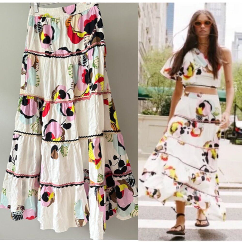 NWT Zara 100% Cotton Boho Tiered Maxi skirt pockets blogger fave Size XS / S